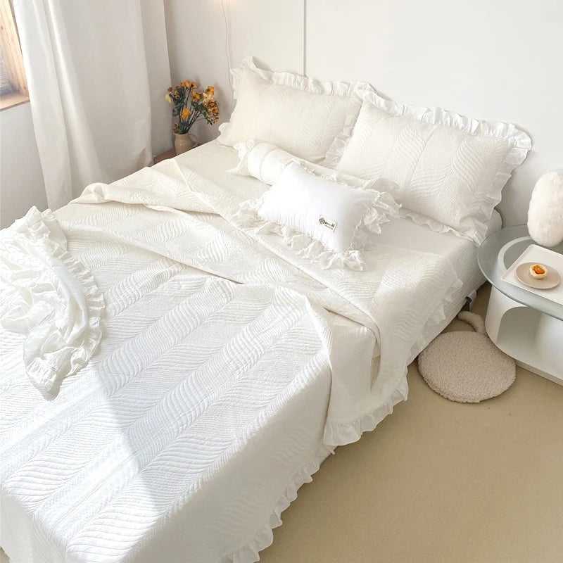 Quilted Bedspread Set Leaf Quilting & Ruffle Edge Machine Washable