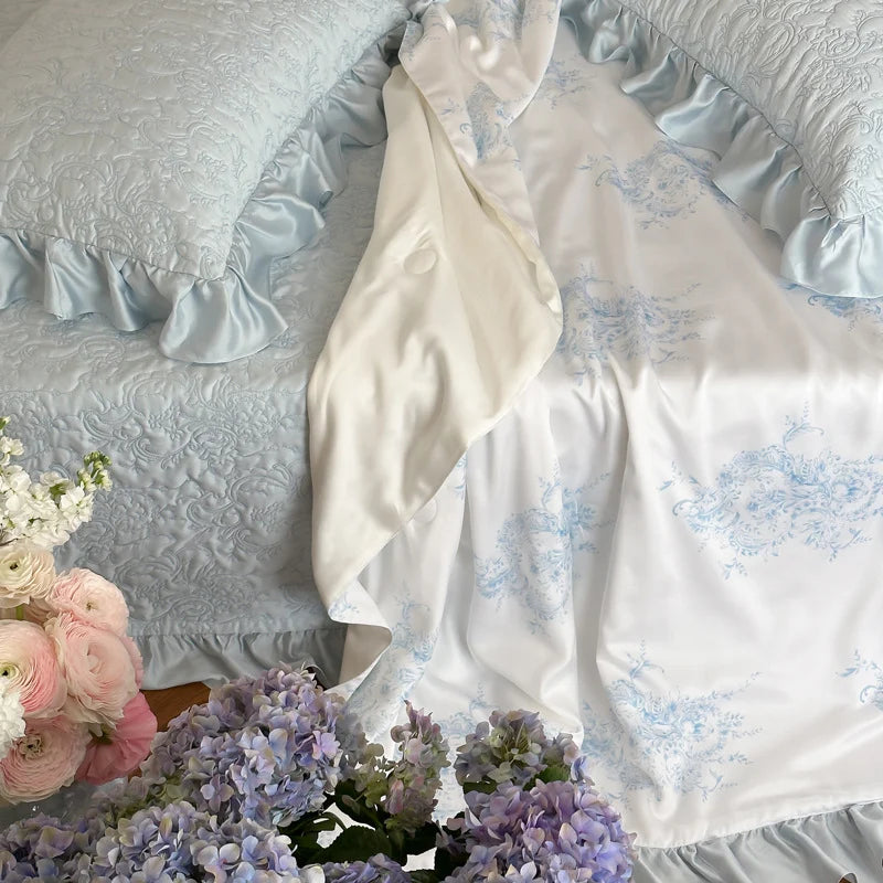 Quilted Bedspread Set Reversible Satin & Ruffle Edge