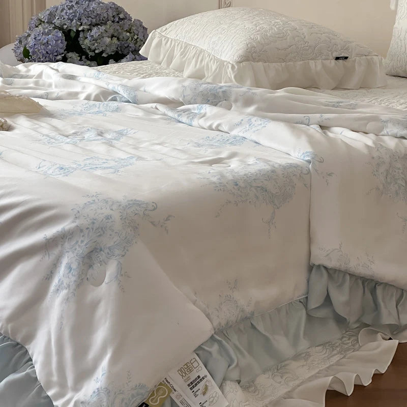 Quilted Bedspread Set Reversible Satin & Ruffle Edge