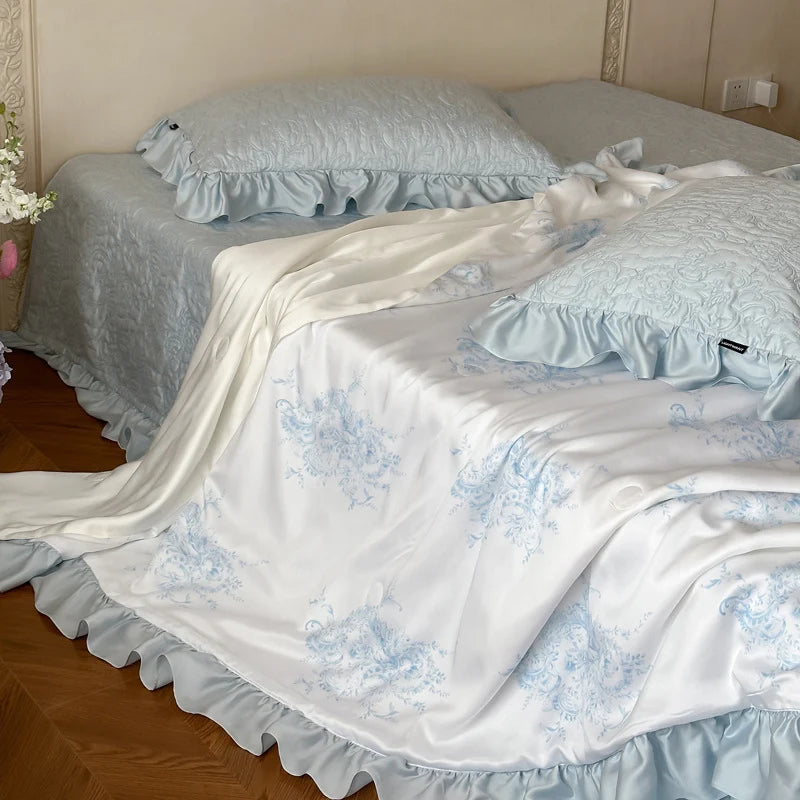 Quilted Bedspread Set Reversible Satin & Ruffle Edge