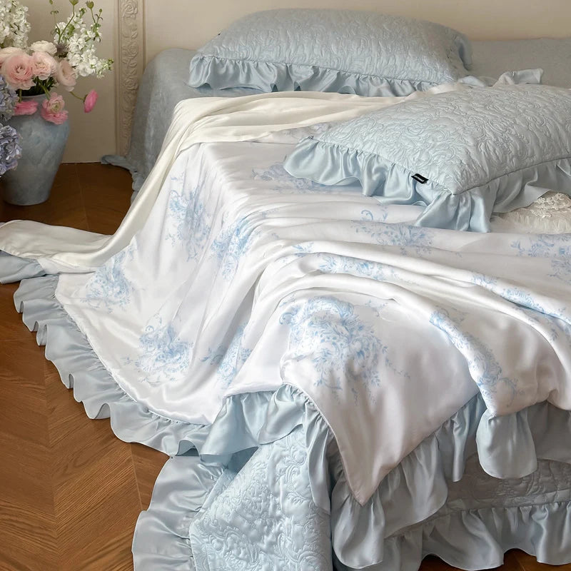 Quilted Bedspread Set Reversible Satin & Ruffle Edge