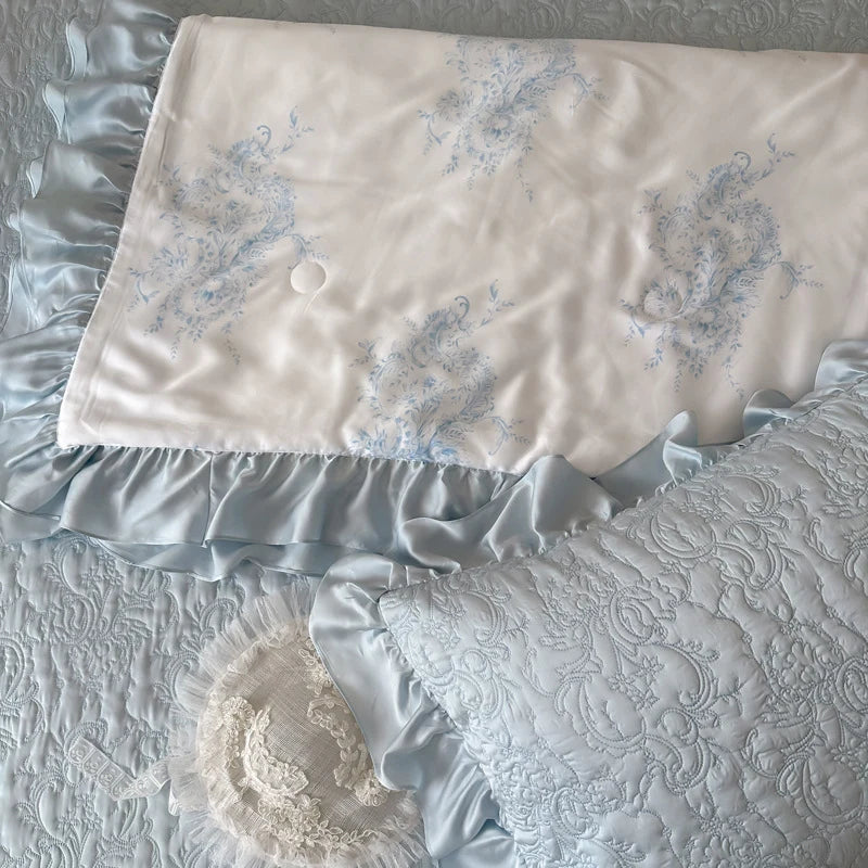 Quilted Bedspread Set Reversible Satin & Ruffle Edge