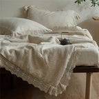 Quilted Bedspread Set Washed Linen Look & Crochet Lace Trim