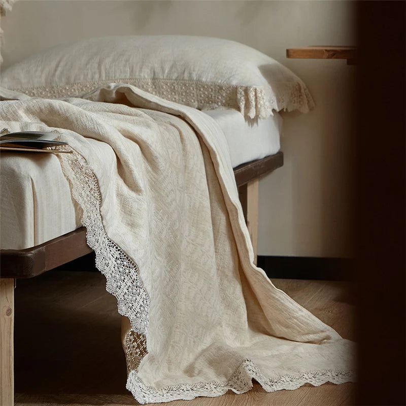 Quilted Bedspread Set Washed Linen Look & Crochet Lace Trim