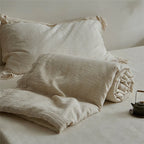 Quilted Bedspread Set Washed Linen Look & Crochet Lace Trim