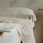 Quilted Bedspread Set Washed Linen Look & Crochet Lace Trim