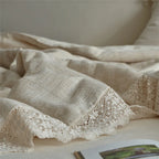 Quilted Bedspread Set Washed Linen Look & Crochet Lace Trim
