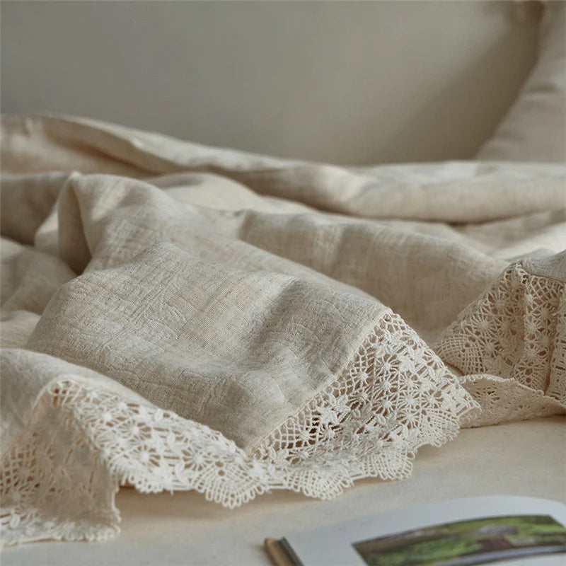 Quilted Bedspread Set Washed Linen Look & Crochet Lace Trim