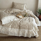 Quilted Duvet Set Botanical Jacquard & Embroidered Lace Ruffle
