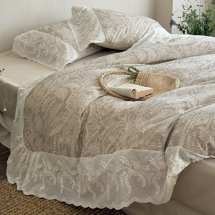 Quilted Duvet Set Botanical Jacquard & Embroidered Lace Ruffle