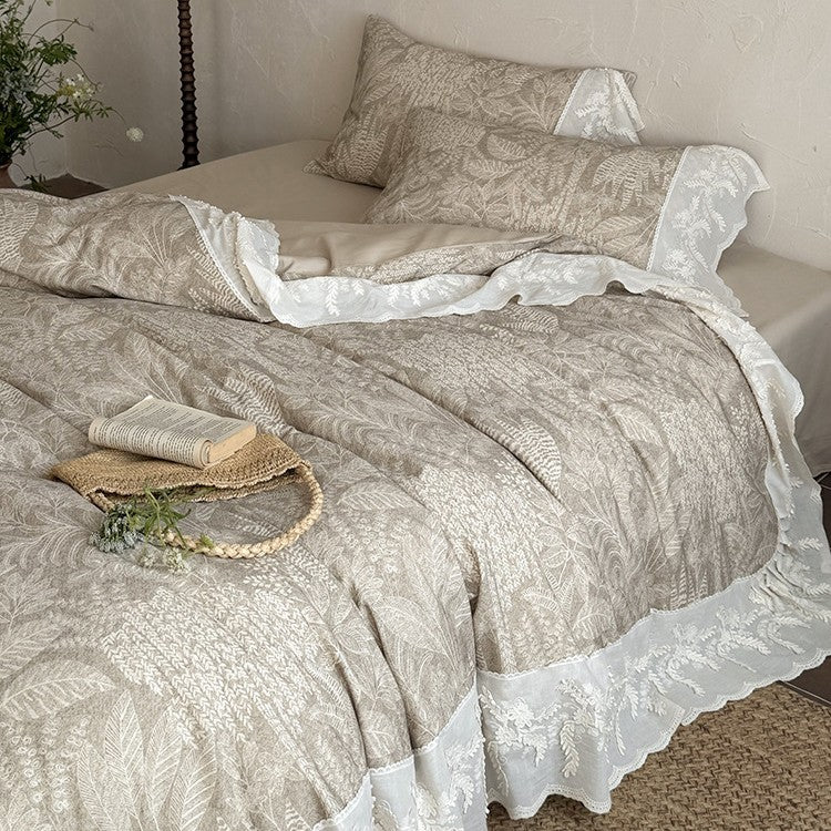 Quilted Duvet Set Botanical Jacquard & Embroidered Lace Ruffle