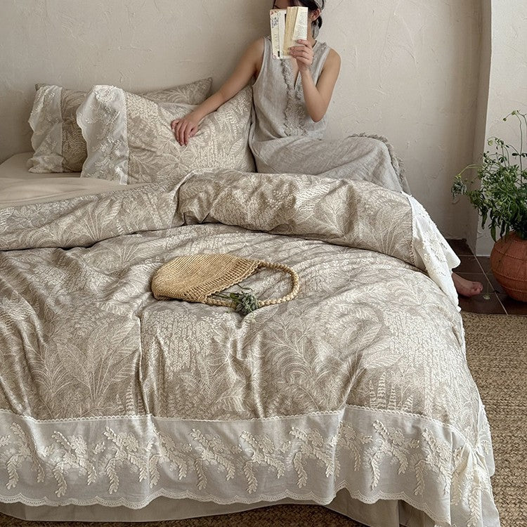 Quilted Duvet Set Botanical Jacquard & Embroidered Lace Ruffle