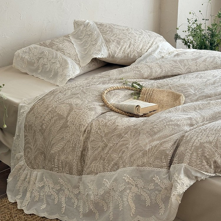 Quilted Duvet Set Botanical Jacquard & Embroidered Lace Ruffle