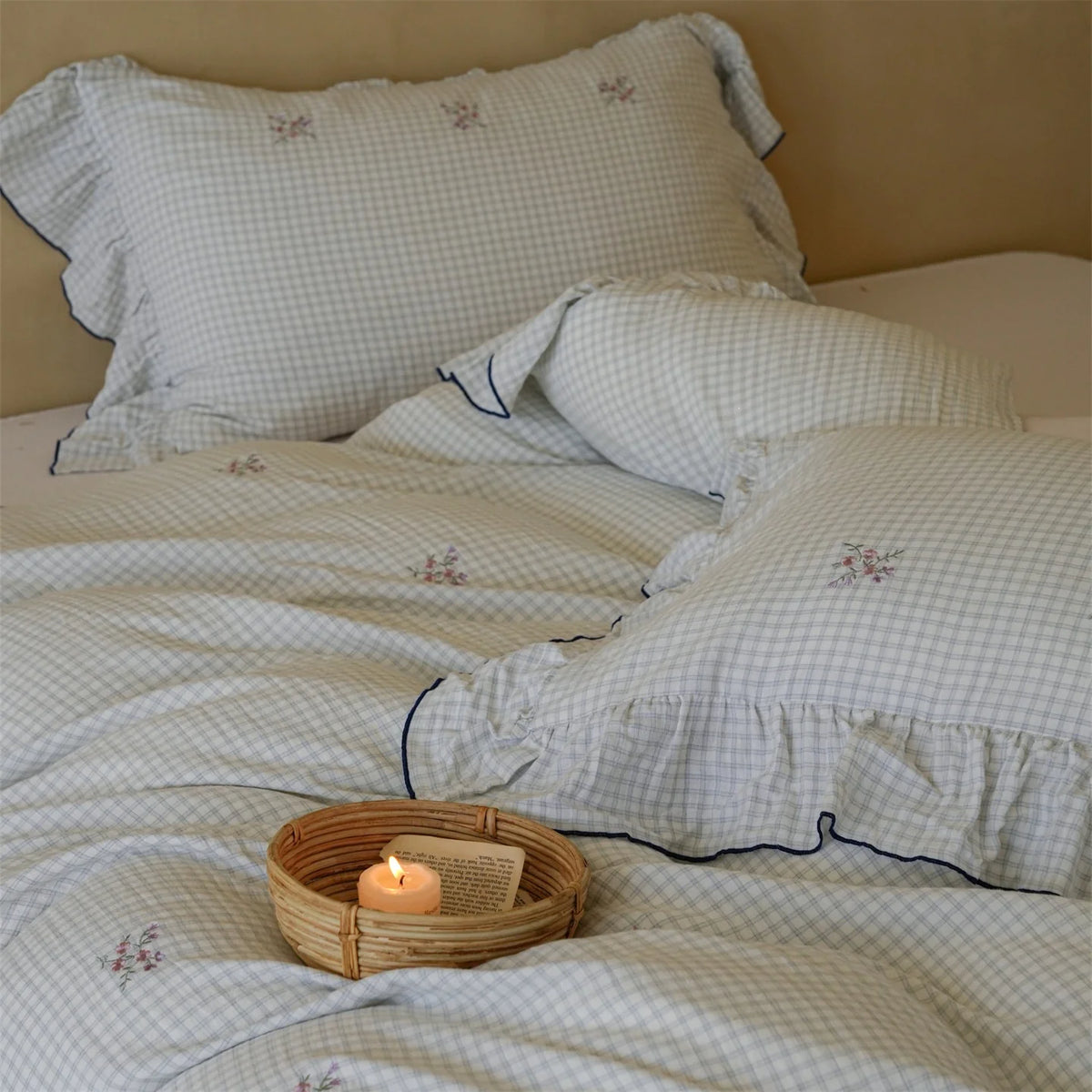 Quilted Duvet Set Cotton Blend Gingham & Floral Embroidery