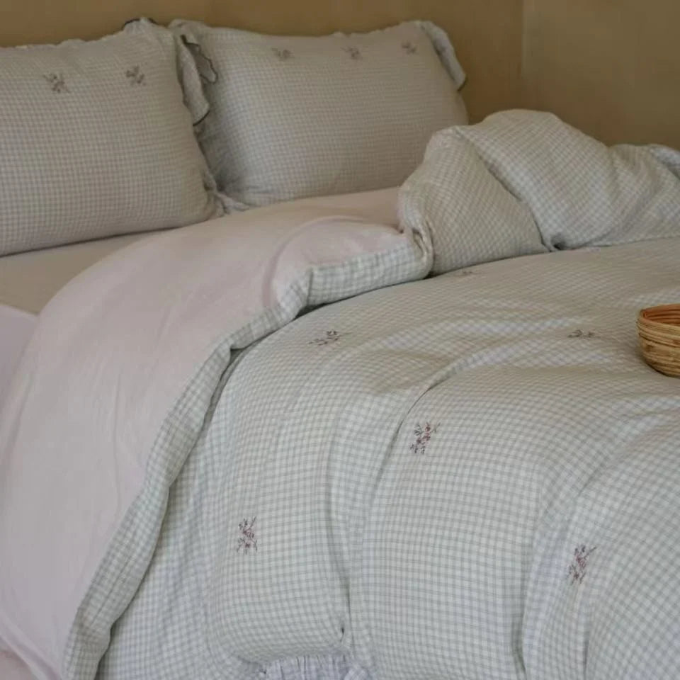 Quilted Duvet Set Cotton Blend Gingham & Floral Embroidery