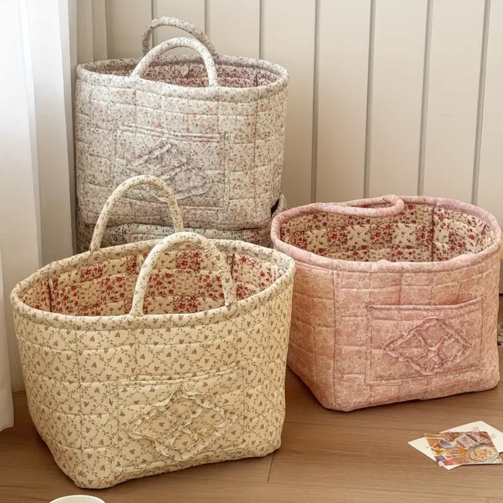 Quilted Floral Microfiber Foldable Storage Basket