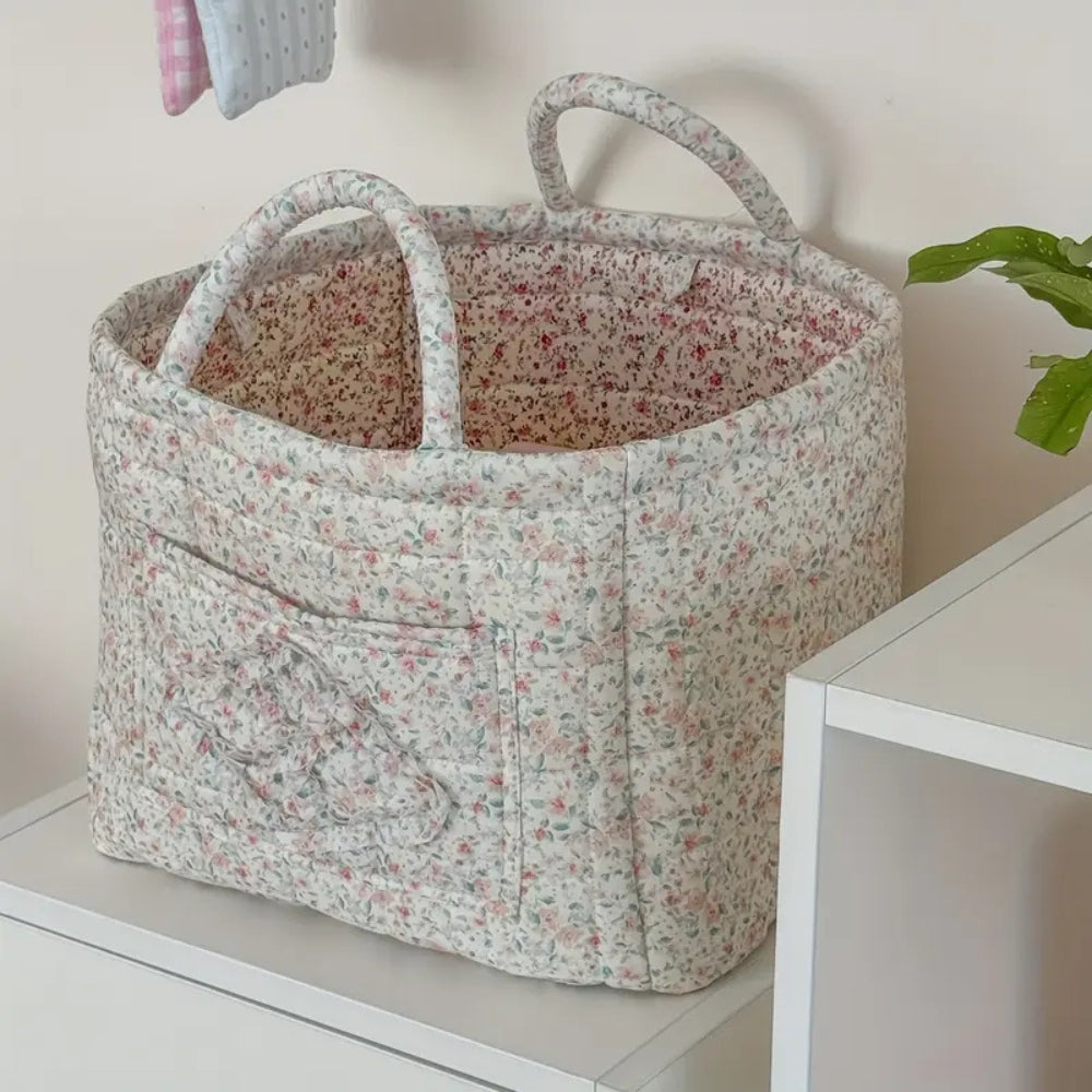 Quilted Floral Microfiber Foldable Storage Basket