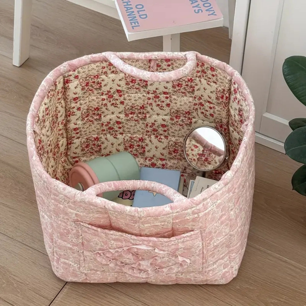 Quilted Floral Microfiber Foldable Storage Basket