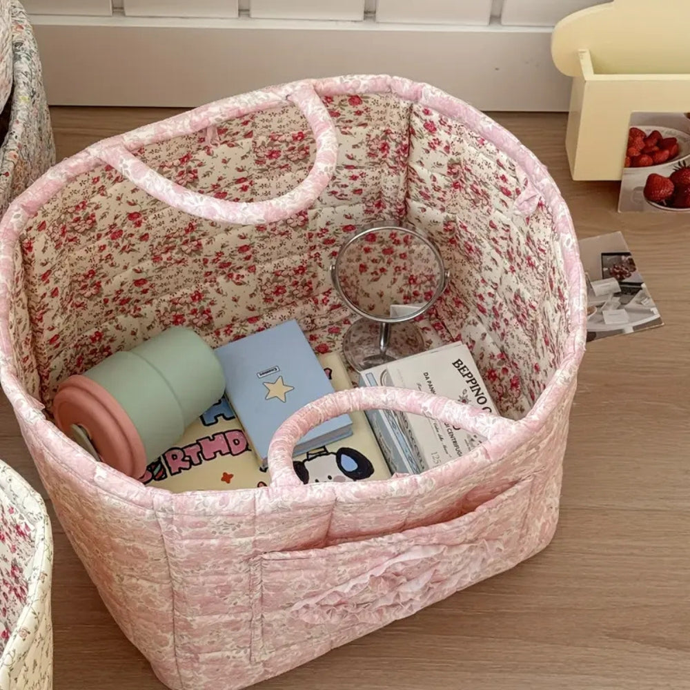 Quilted Floral Microfiber Foldable Storage Basket