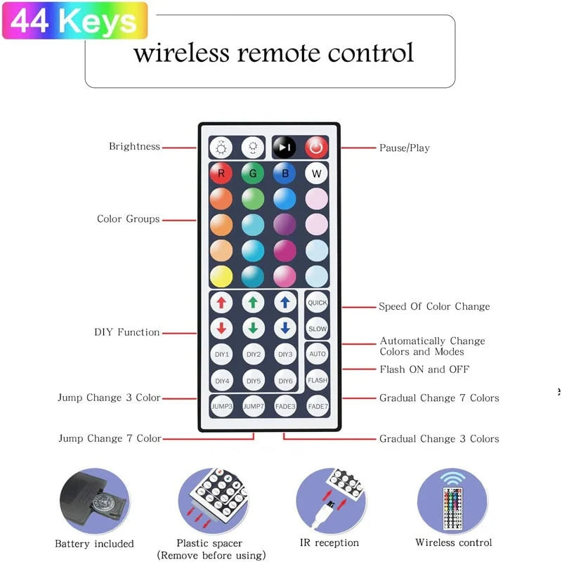 RGB LED Light Strip Cuttable Color-Changing 44-Key Remote