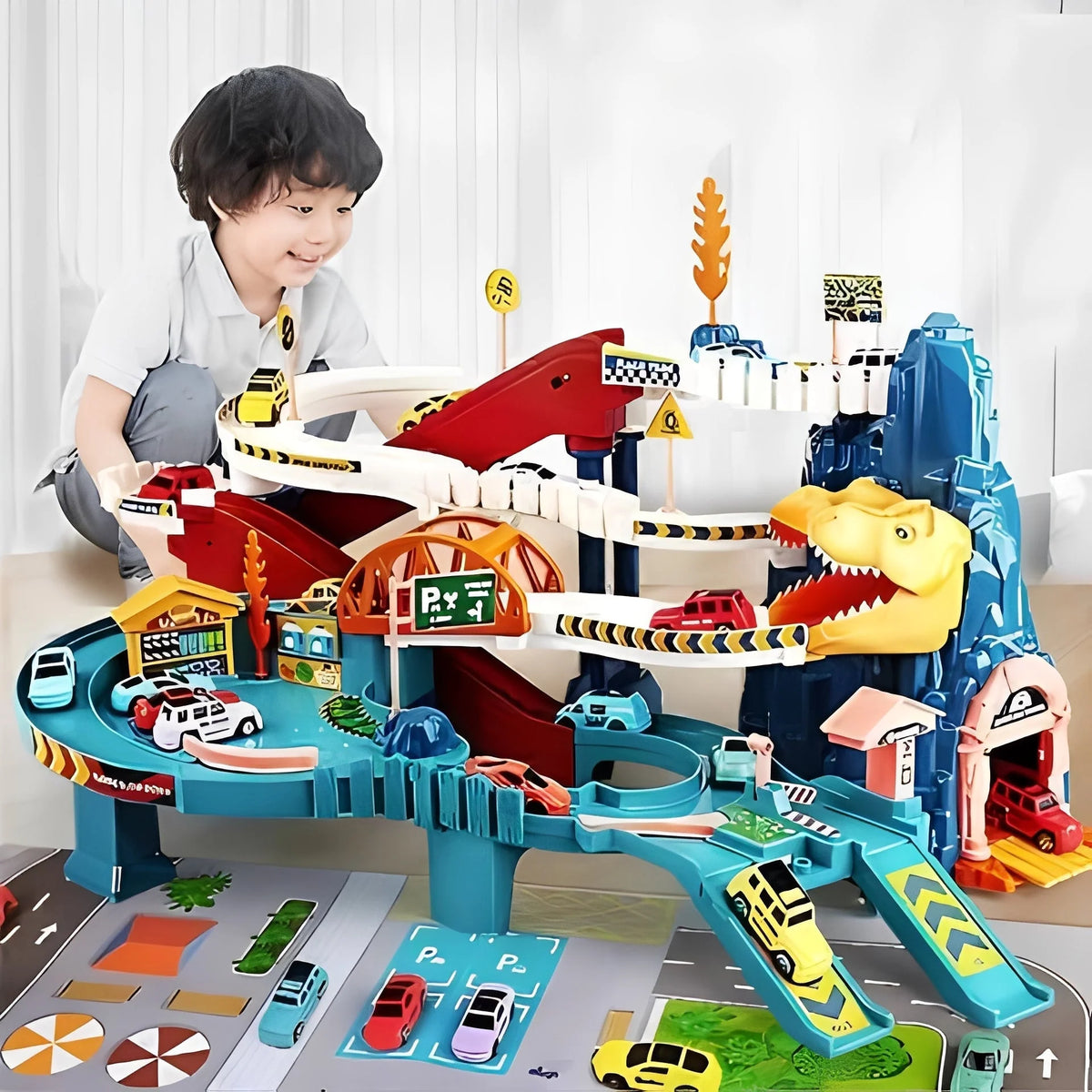 Racing Playset Dinosaur-Themed Multi-Level 8 Cars