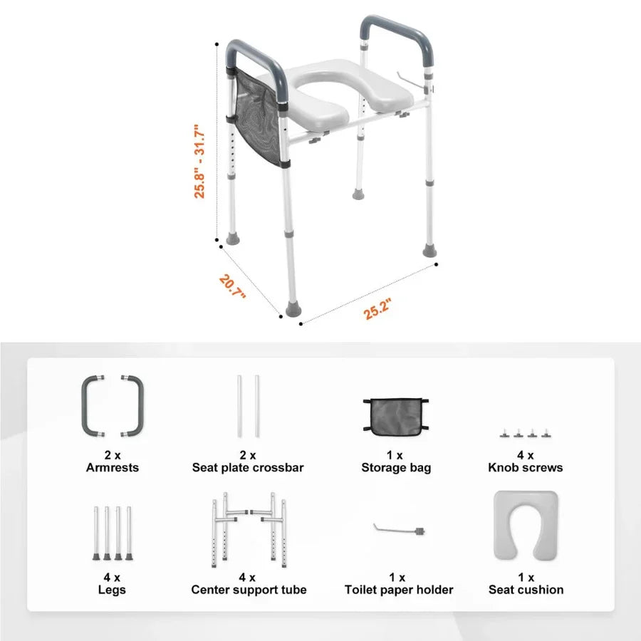 Raised Toilet Seat Height-Adjustable Padded Arms 350 lb Capacity