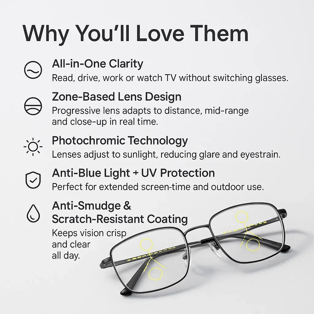 Reading Glasses Progressive Photochromic Blue-Light Protection