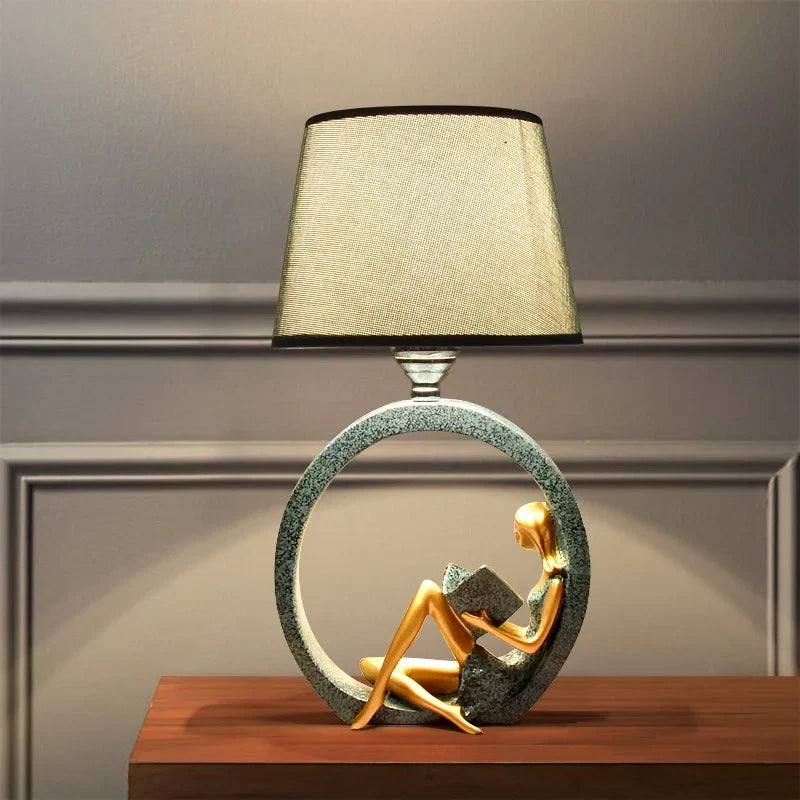 Reading Lamp Resin Girl Sculpture & Fabric Shade