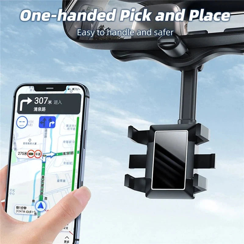 Rearview Mirror Phone Holder 360° Rotation Silicone-Padded Four-Jaw