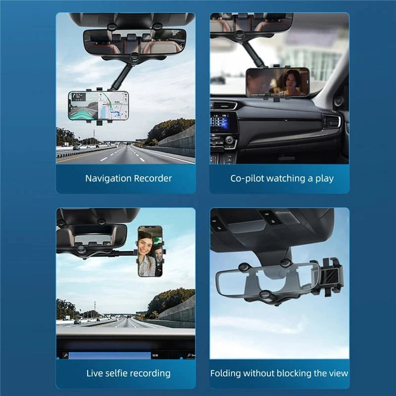 Rearview Mirror Phone Holder 360° Rotation Silicone-Padded Four-Jaw