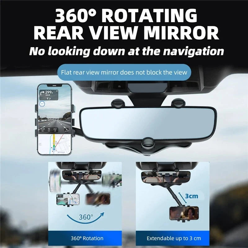 Rearview Mirror Phone Holder 360° Rotation Silicone-Padded Four-Jaw