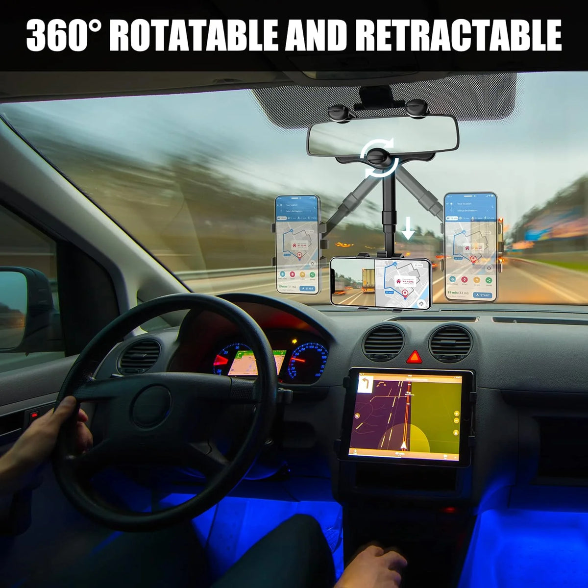 Rearview Mirror Phone Holder 360° Rotation Silicone-Padded Four-Jaw