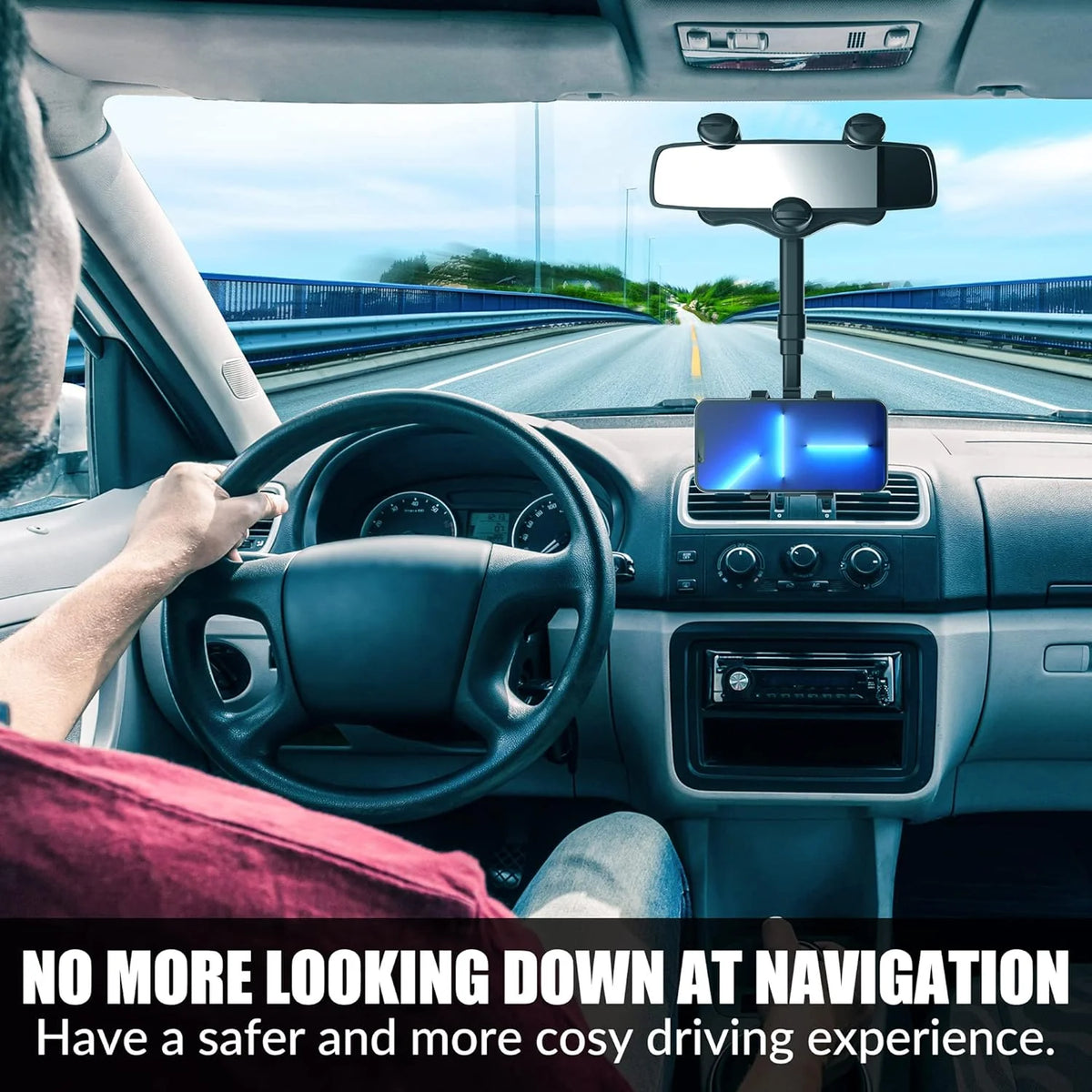 Rearview Mirror Phone Holder 360° Rotation Silicone-Padded Four-Jaw