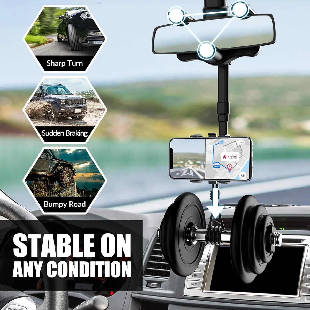 Rearview Mirror Phone Holder 360° Rotation Silicone-Padded Four-Jaw