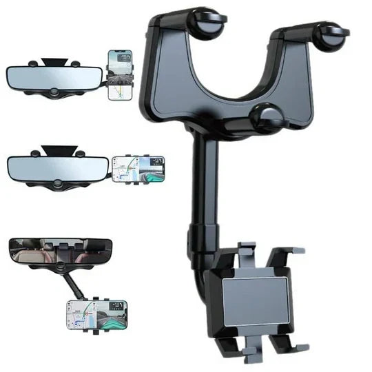 Rearview Mirror Phone Mount 360° Rotation & Retractable Arm