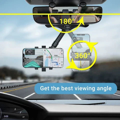 Rearview Mirror Phone Mount 360° Rotation & Retractable Arm