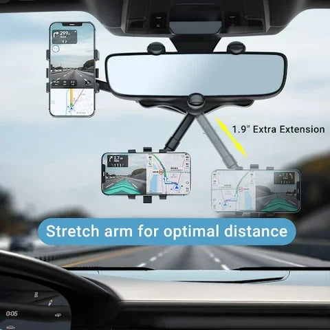 Rearview Mirror Phone Mount 360° Rotation & Retractable Arm