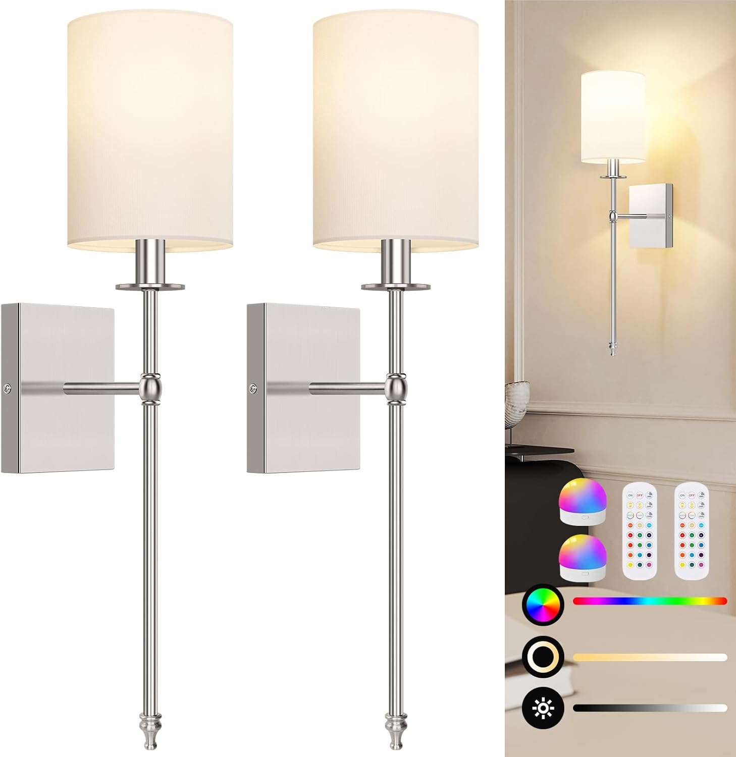 Rechargeable Dimmable Remote-Control LED Wall Sconce (Set of 2)