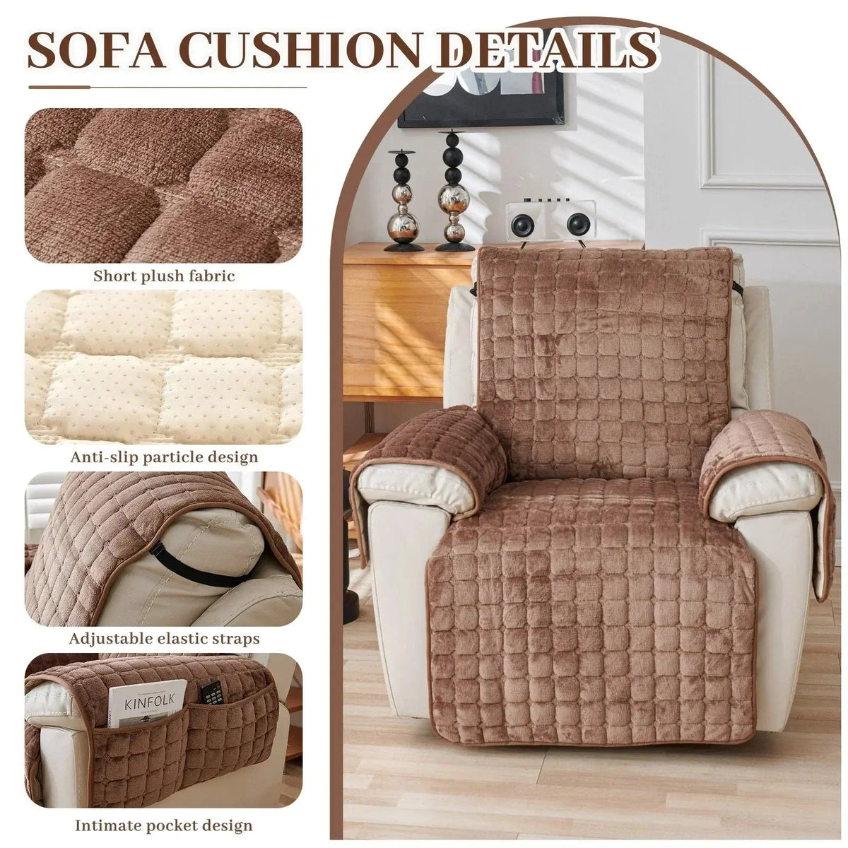 Recliner Cover Machine-Washable Stretchable Microfiber Elastic Edges & Straps