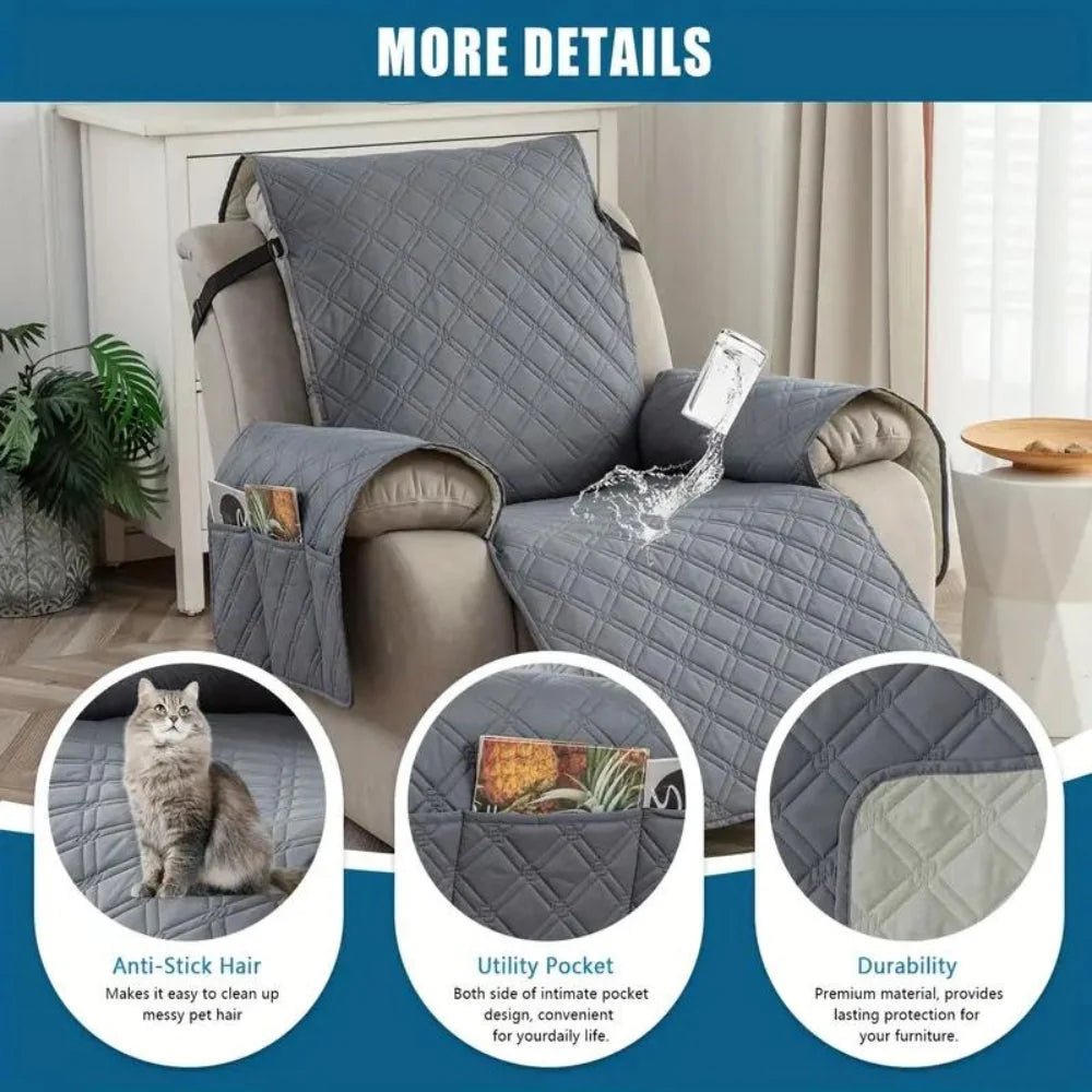 Recliner Cover Quilted Microfiber Waterproof Anti-Slip Side Pocket