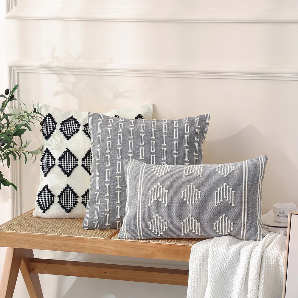 Rectangular Cushion Cover Embroidered Geometric Cotton Blend & Concealed Zipper