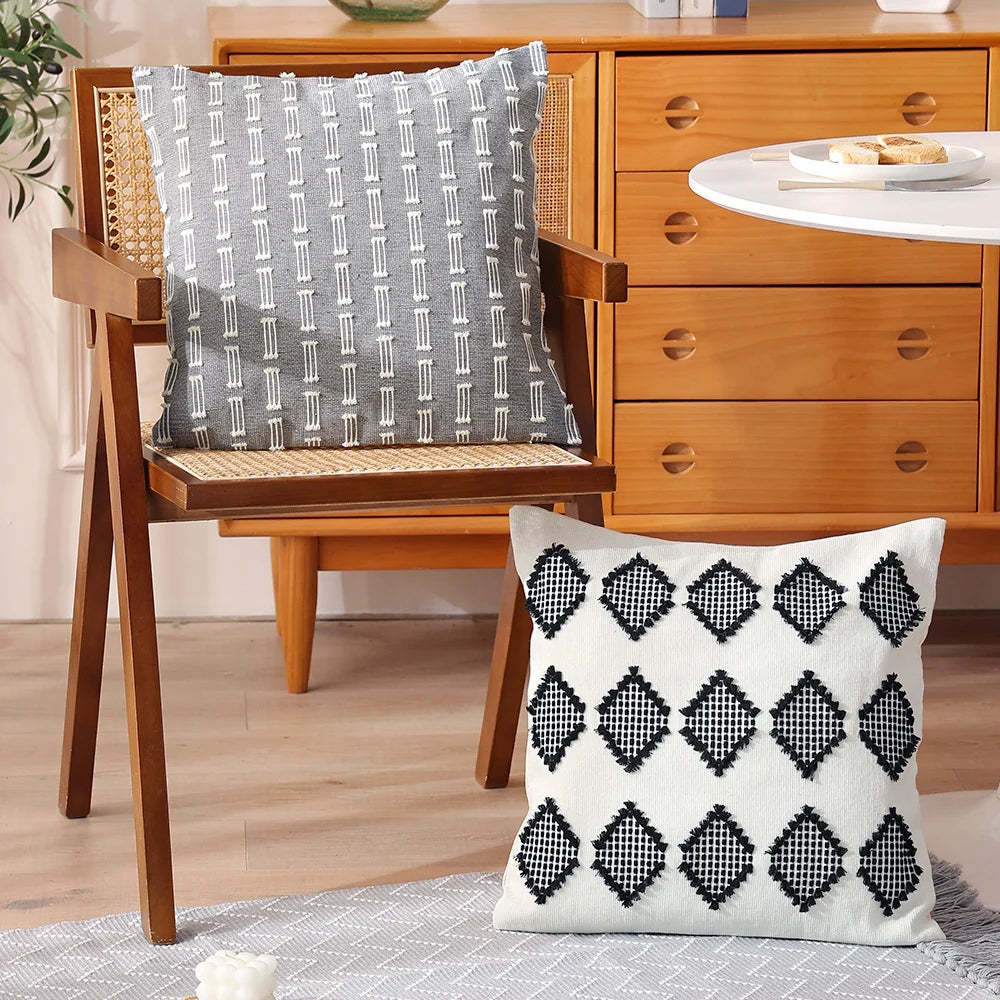 Rectangular Cushion Cover Embroidered Geometric Cotton Blend & Concealed Zipper