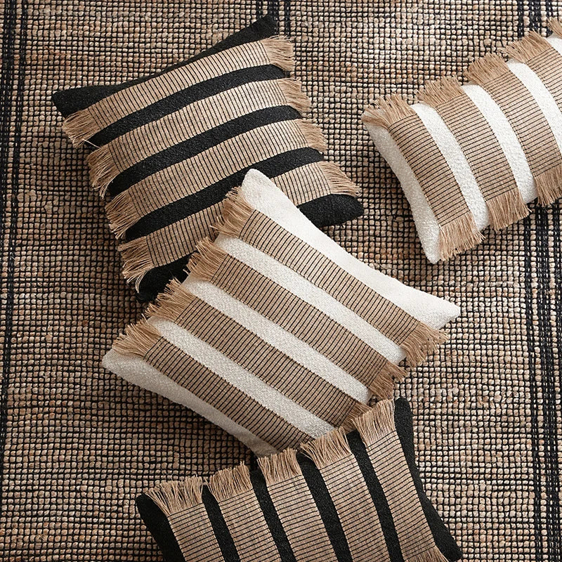 Rectangular Cushion Cover Woven Stripes Fringe Concealed Zipper