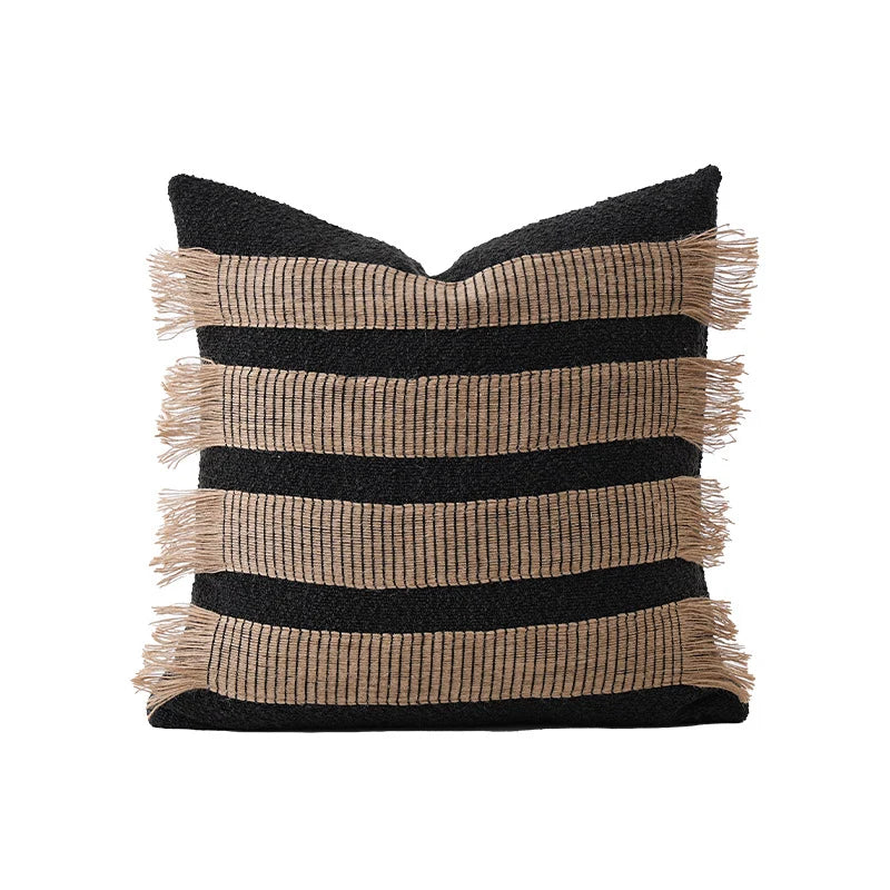 Rectangular Cushion Cover Woven Stripes Fringe Concealed Zipper