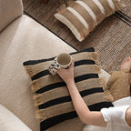Rectangular Cushion Cover Woven Stripes Fringe Concealed Zipper