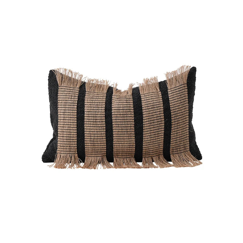 Rectangular Cushion Cover Woven Stripes Fringe Concealed Zipper