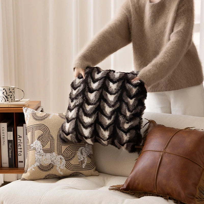 Rectangular Decorative Pillow Faux Fur Chevron Polyester Filled