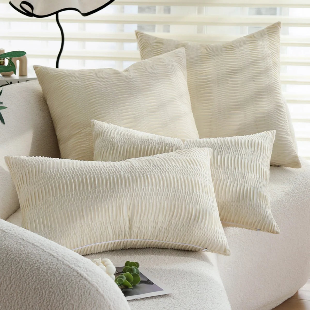 Rectangular Lumbar Cushion Cover Gathered Pleat Velvety Polyester Concealed Zipper