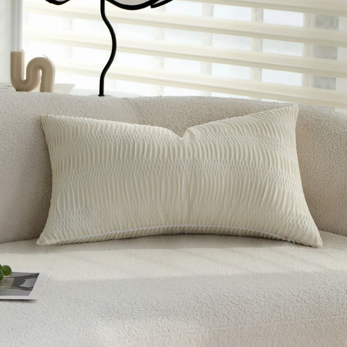 Rectangular Lumbar Cushion Cover Gathered Pleat Velvety Polyester Concealed Zipper