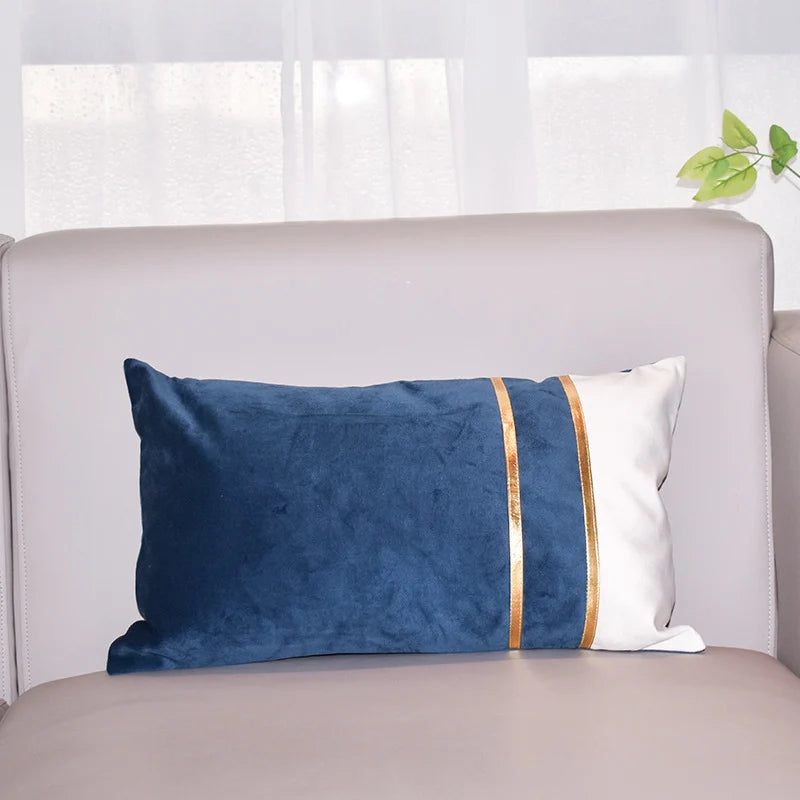 Rectangular Lumbar Cushion Cover Velvet Blend Double Gold Bands